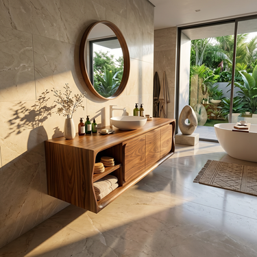 Floating Solid Wood Vanity with Rounded Edge Design and Storage