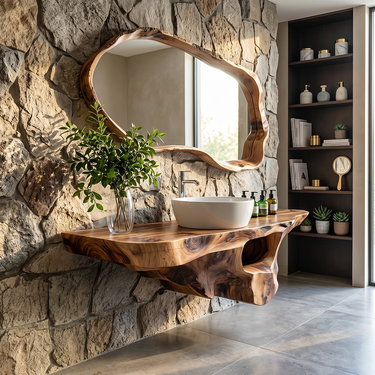 Live Edge Solid Wood Floating Bathroom Shelf with Sculptural Storage
