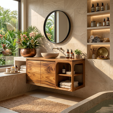 Floating Solid Wood Bathroom Vanity with Open Shelf Storage