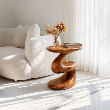 Sculptural S Curve Wood Side Table with Integrated Base