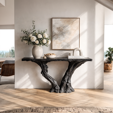 Black Wood Console Table With Twisted Trunk Base for Elegant Entryways