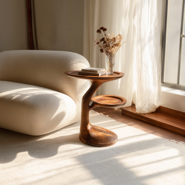 Pedestal Wood Side Table with Tray Top and Floating Shelf
