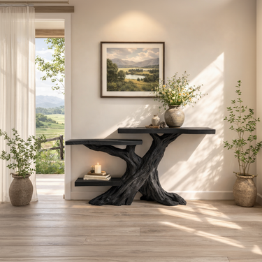 Black Sculptural Console Table with Built-In Display Shelves
