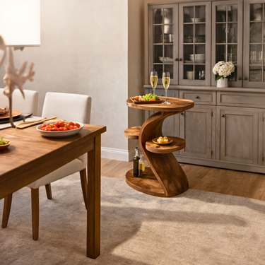 Curved Wood Side Table with Multi Tier Shelves and Storage Base
