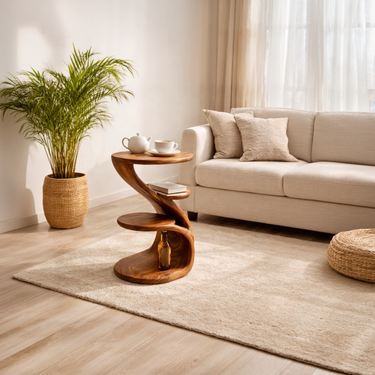 Twisted Wood Side Table with Tiered Shelves and Storage Base
