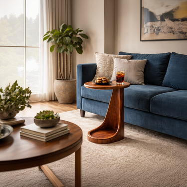 Minimal Curved Side Table with Integrated Base Shelf