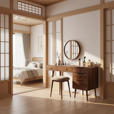 Modern Makeup Vanity Table With Side Drawer Unit in Natural Wood