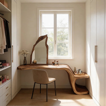 Compact Makeup Vanity Table With Sculptural Base in Natural Wood