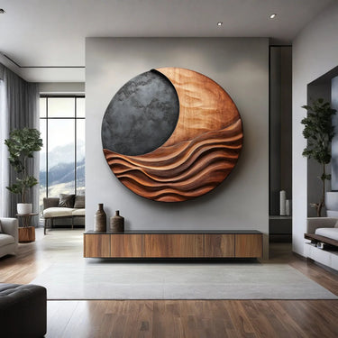 Abstract Moon & Wave Solid Wood Wall Sculpture Round Modern Carved Wood Wall Art