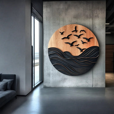Solid Wood Ocean Wave Wall Sculpture with Flying Birds Modern Coastal Wood Wall Art