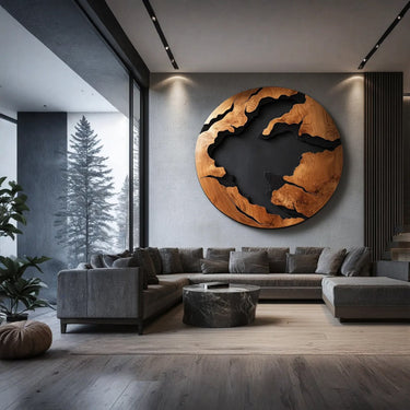 Abstract World Map Solid Wood Wall Sculpture Round Modern Wood Wall Art Panel