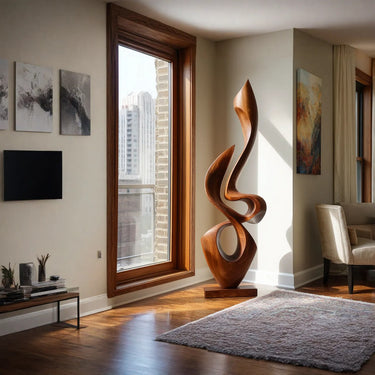 Tall Abstract Solid Wood Sculpture for Modern Home Interior