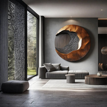 Round Solid Wood Wall Sculpture Handcarved Wave Cut Wood Wall Art