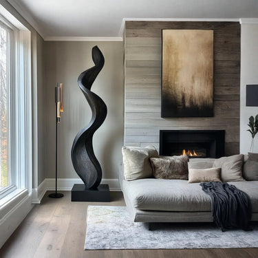 Black Abstract Solid Wood Sculpture Tall Modern Wooden Floor Art Decor