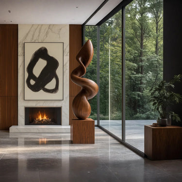 Tall Abstract Solid Wood Sculpture Hand Carved Modern Wooden Floor Art