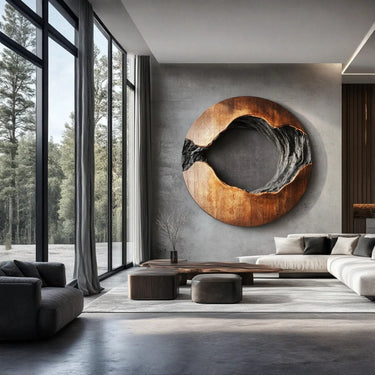 Abstract Solid Wood Wall Sculpture with Carved Center Design