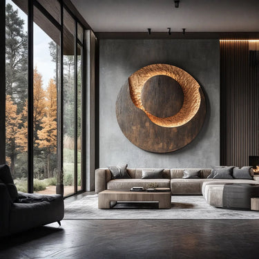Carved Solid Wood Wall Sculpture with Abstract Ring Design