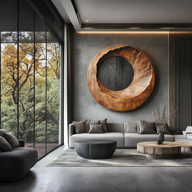Round Natural Wood Wall Sculpture with Carved Inner Ring