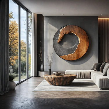Abstract Round Wood Wall Art with Natural Edge Carving