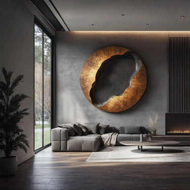 Abstract Solid Wood Wall Sculpture with Burnt Texture Center