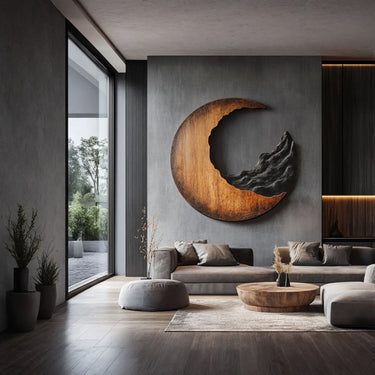 Crescent Solid Wood Wall Sculpture with Black Carved Texture