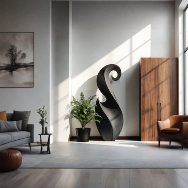 Abstract Solid Wood Floor Sculpture with Modern Curved Form
