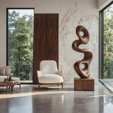 Abstract Floor Sculpture in Natural Wood for Modern Interiors