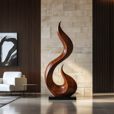 Modern Flame Form Natural Wood Floor Sculpture
