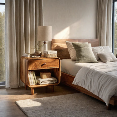 Organic Solid Wood Nightstand With Drawer And Open Storage