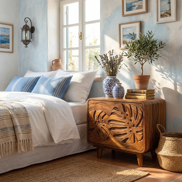 Carved Solid Wood Nightstand With Leaf Pattern Drawers