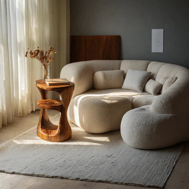 Organic Two Tier Side Table With Sculptural Base in Natural Wood