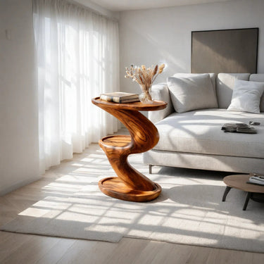 Twisted Sculptural Wood Side Table with Dual Display Shelves