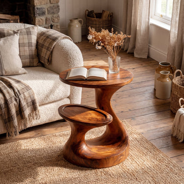 Sculptural Wood Side Table with Integrated Lower Tray