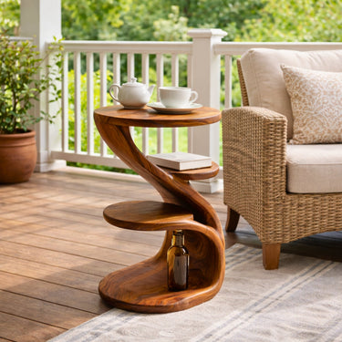 Twisted Wood Side Table with Tiered Shelves and Storage Base