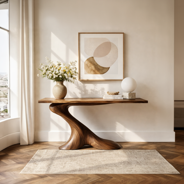 Ribbon Base Wood Console Table With Floating Top for Designer Entryways