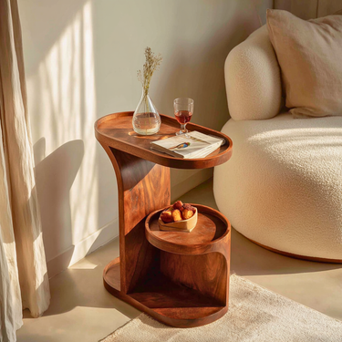 Curved Wood Side Table with Integrated Shelf and Raised Tray Top