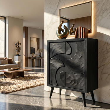 Geometric Relief Wood Cabinet with Double Door Storage