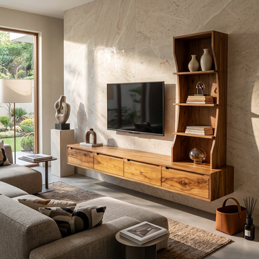 Floating TV Console With Sculptural Shelf Tower