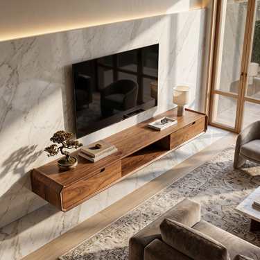Floating Wood TV Console With Sculpted Frame Design