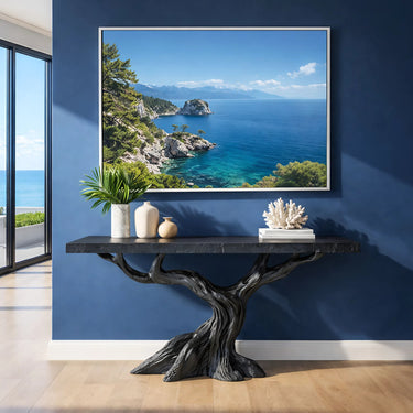 Black Console Table With Sculptural Tree Base for Coastal Interiors