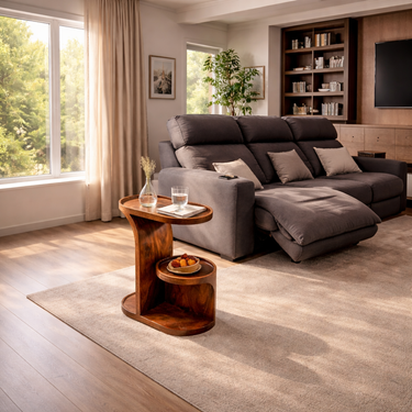 Curved Wood Side Table with Integrated Shelf and Raised Tray Top
