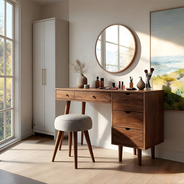 Compact Makeup Vanity Table With Drawer Cabinet in Natural Wood